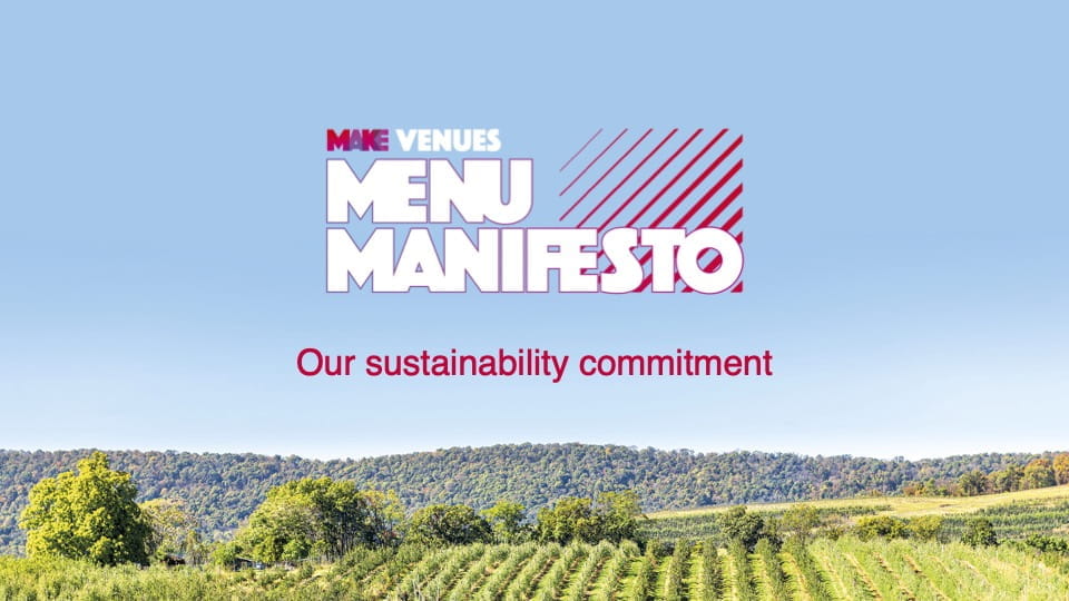 A blue sky and grassy background with text Menu Manifesto, Our sustainability commitment written over it.