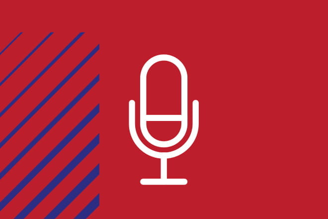 White microphone icon over a red background.