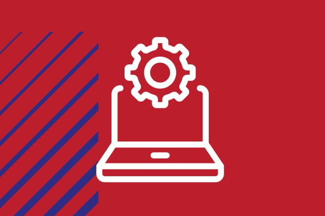 Icon of a cog positioned on top of an open laptop.