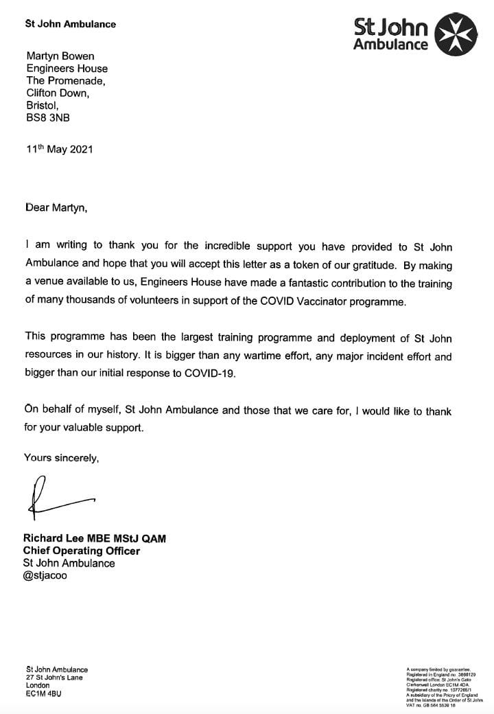 St John Ambulance's letter to Engineers' House