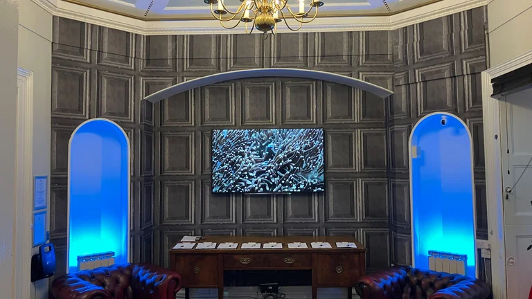 Seating area with two leather armchairs with screen on wall