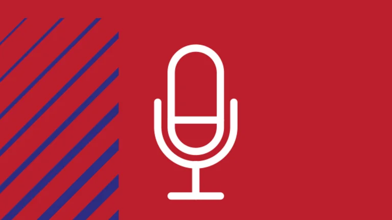 White microphone icon over a red background.