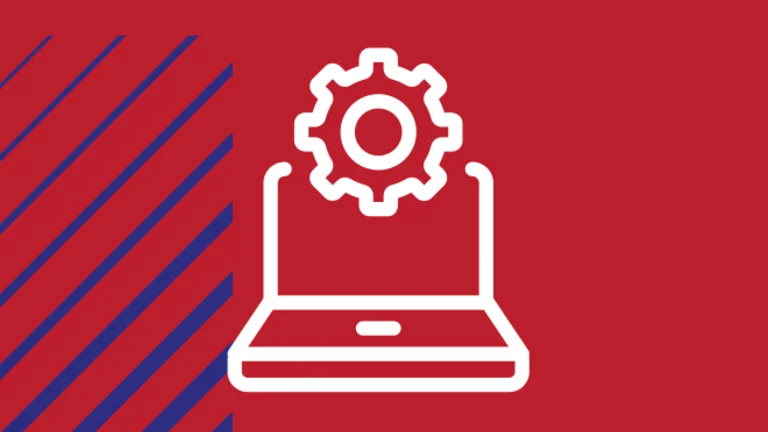 Icon of a cog positioned on top of an open laptop.